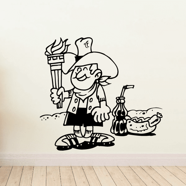 Western cowboy holding a torch wall decal in black line art