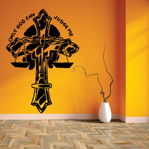 Black cross wall decal with arm-and-hands emblem and 'Only God can judge me' text