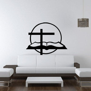 Open Bible with cross wall decal inside a circle, black silhouette