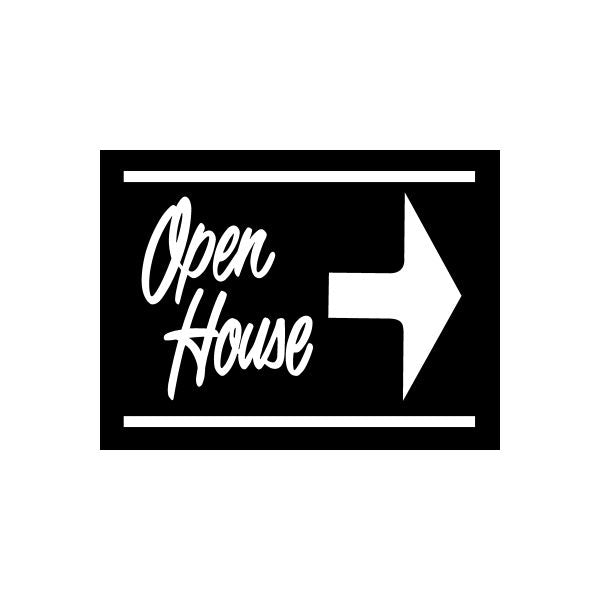 Open House text vinyl decal sticker with right arrow on black background
