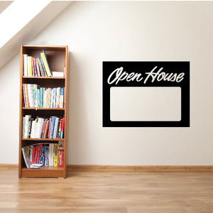Black vinyl decal with cursive Open House and blank rectangle