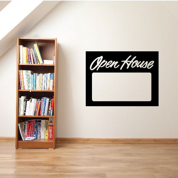 Black vinyl decal with cursive Open House and blank rectangle
