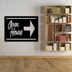 Open House wall decal: black sign with white script and right arrow