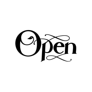 Open sign vinyl decal sticker, black cursive text
