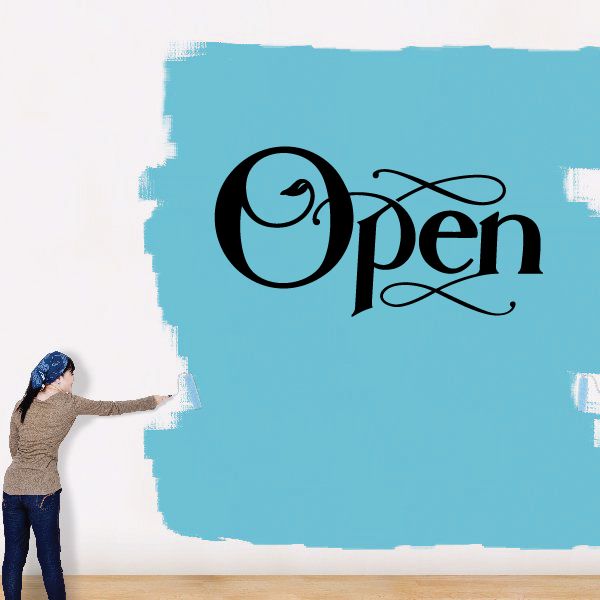 Open vinyl wall decal with black cursive 'Open' lettering on teal background