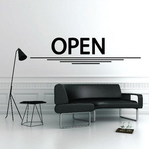 Open wall vinyl decal with bold OPEN text and horizontal underline lines