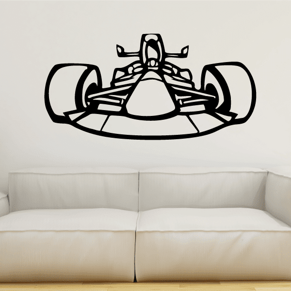 Cartoon open-wheel race car decal, black line art with white details