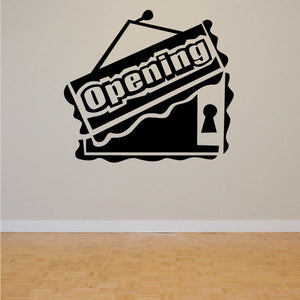 Opening wall decal vinyl sticker with bold black "Opening" text and storefront outline