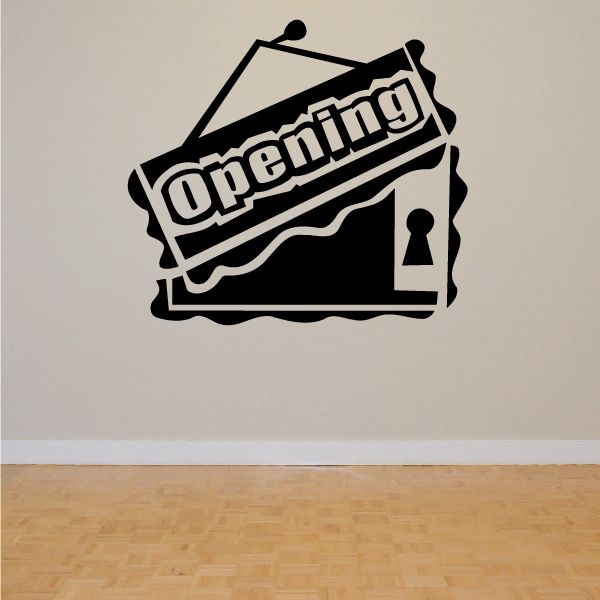 Opening wall decal vinyl sticker with bold black "Opening" text and storefront outline