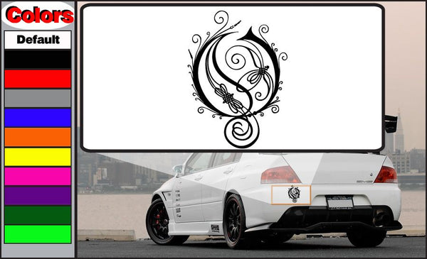 Car decal sticker with black ornate music-note crest and scrollwork