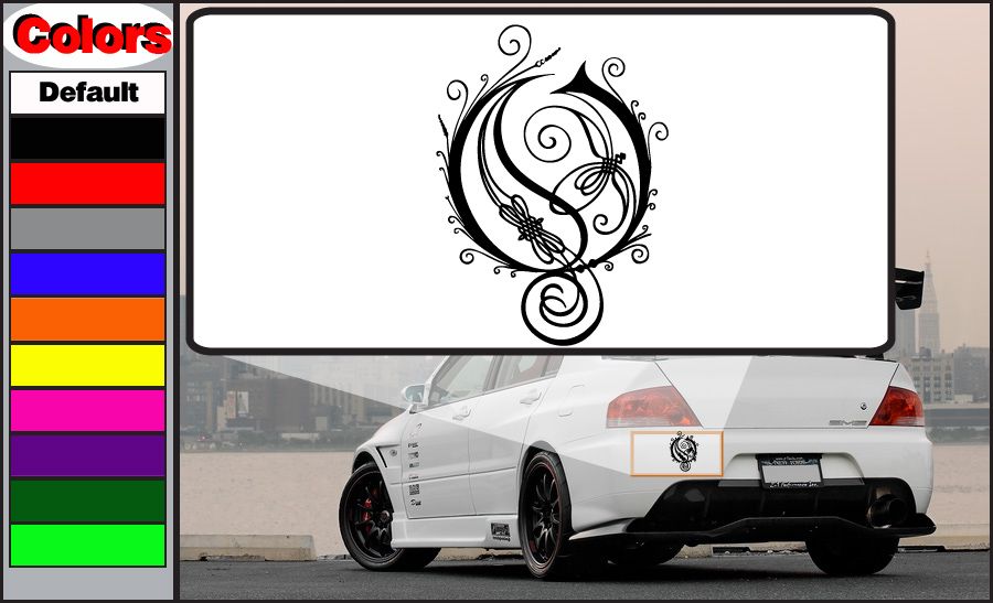 Car decal sticker with black ornate music-note crest and scrollwork