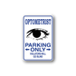 Optometrist parking only sticker with eye icon, arrows, Violators will go blind