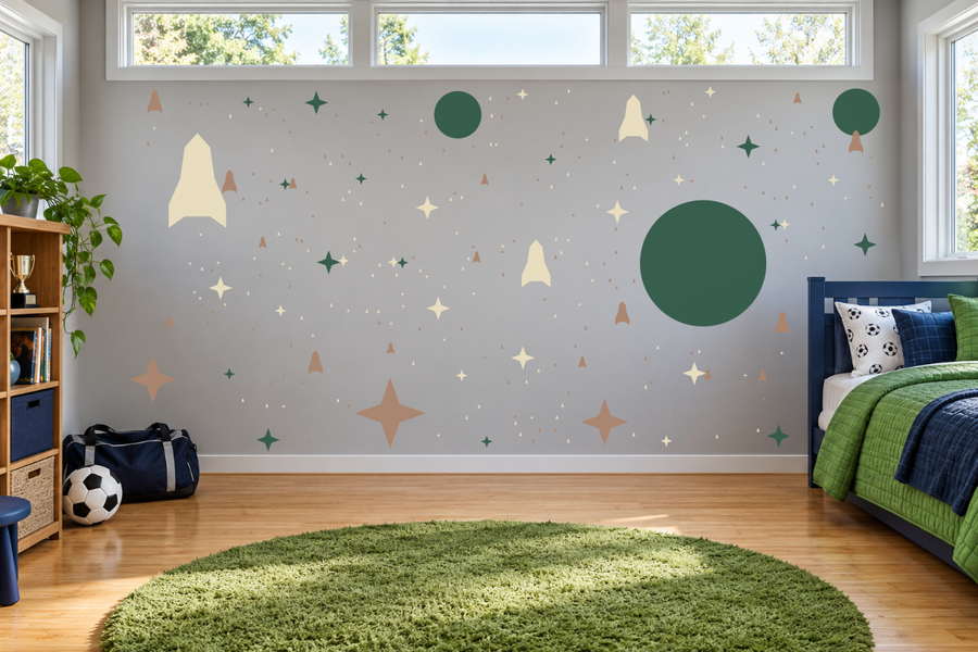 Space wall decal kit with large planet circles, rockets, and stars in green and gold