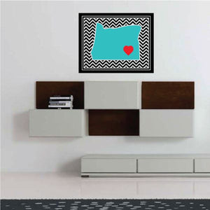Rectangular Oregon chevron sticker with teal state outline, red heart, and black-white frame