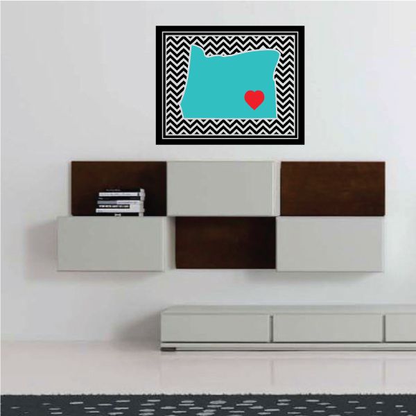 Rectangular Oregon chevron sticker with teal state outline, red heart, and black-white frame