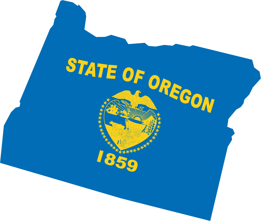 Oregon state flag sticker with yellow STATE OF OREGON seal and 1859 on blue state shape