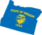 Oregon state flag sticker with yellow STATE OF OREGON seal and 1859 on blue state shape
