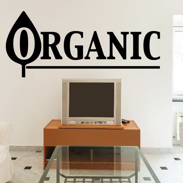 Black vinyl wall decal reading ORGANIC with leaf symbol above the O