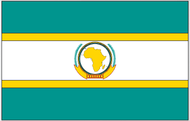 African unity flag sticker, teal and yellow stripes with white center and circular emblem.