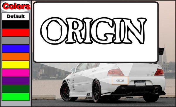 Origin decal with bold black ORIGIN lettering on white rectangular backing