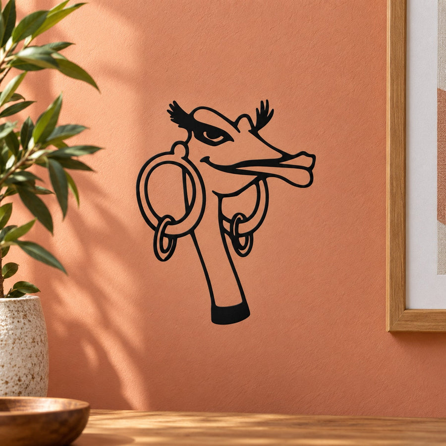 Ostrich head decal, black line-art face with long neck and beak