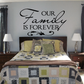 Wall decal text: “OUR Family IS FOREVER” in black cursive lettering with accents
