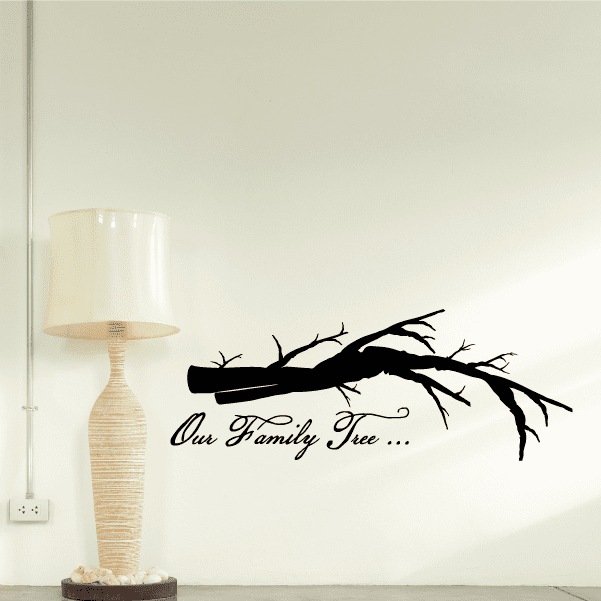 Family tree wall decal with black branches and script text 'Our Family Tree ...'