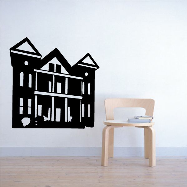 Black vinyl wall decal with a house, trees, and city skyline silhouette.