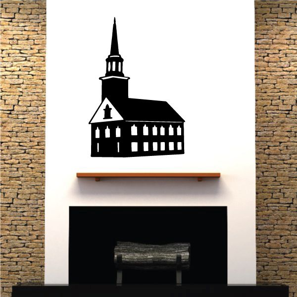 Black building silhouette vinyl wall decal with steeple, windows, and triangular roof detail