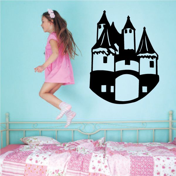 Black vinyl castle wall decal with turrets and arched doorway