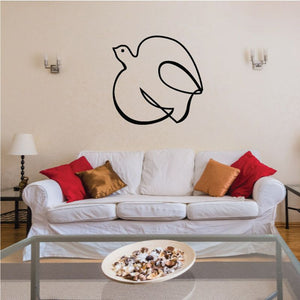 Dove wall decal with black outline line art of a perched bird and wing details.
