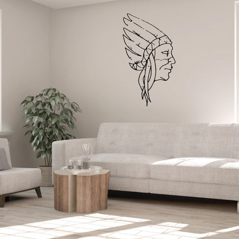 Native American head with headdress decal, thin black outline profile