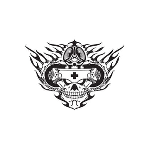 Skull flame decal with cross and ornamental headgear, black and white