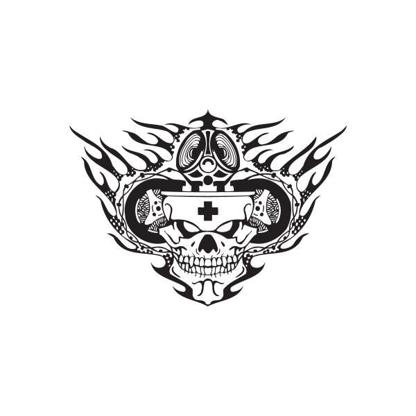 Skull flame decal with cross and ornamental headgear, black and white