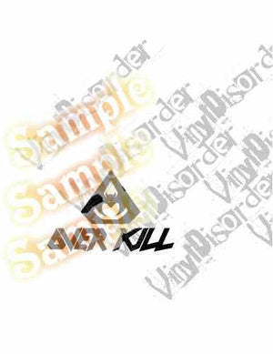 Overkill decal sticker with black and white square graphic and stylized letters