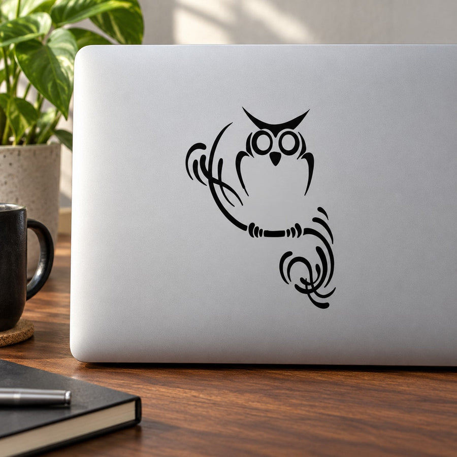 Black owl face and feet vinyl decal with wispy swirl lines