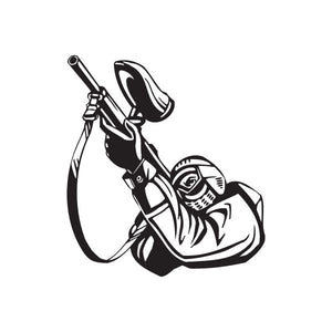 Paintball wall decal of black-and-white player aiming a marker