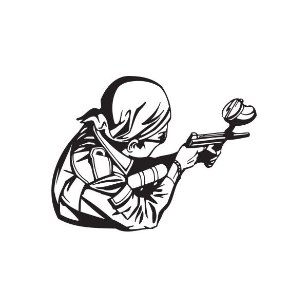 Black and white paintball player vinyl wall decal aiming a paintball gun