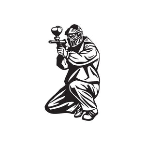 Paintball wall decal of a black crouching player holding a paintball marker