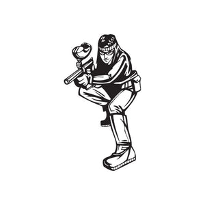 Paintball wall vinyl decal: hooded player holding a paintball marker, black and white
