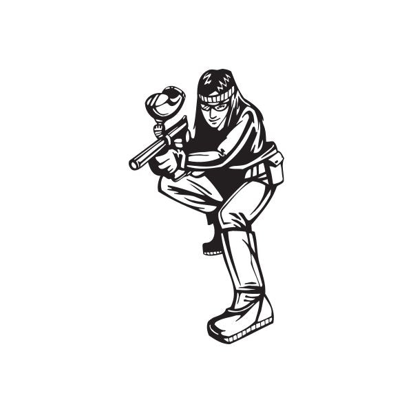 Paintball wall vinyl decal: hooded player holding a paintball marker, black and white