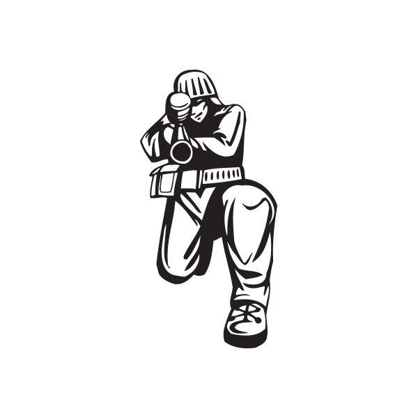 Vinyl paintball wall decal of a black-outlined player holding a paintball marker