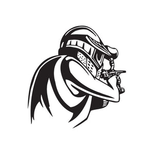 Vinyl decal of a black-and-white stylized paintball mascot head