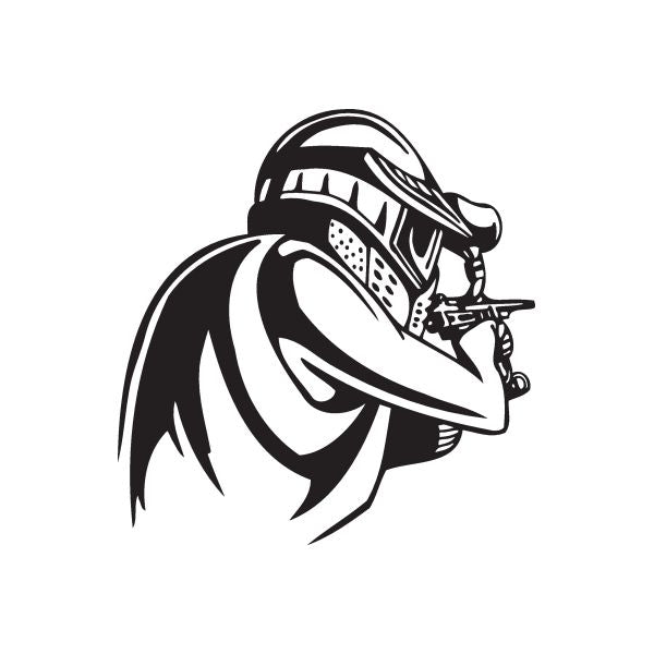 Vinyl decal of a black-and-white stylized paintball mascot head