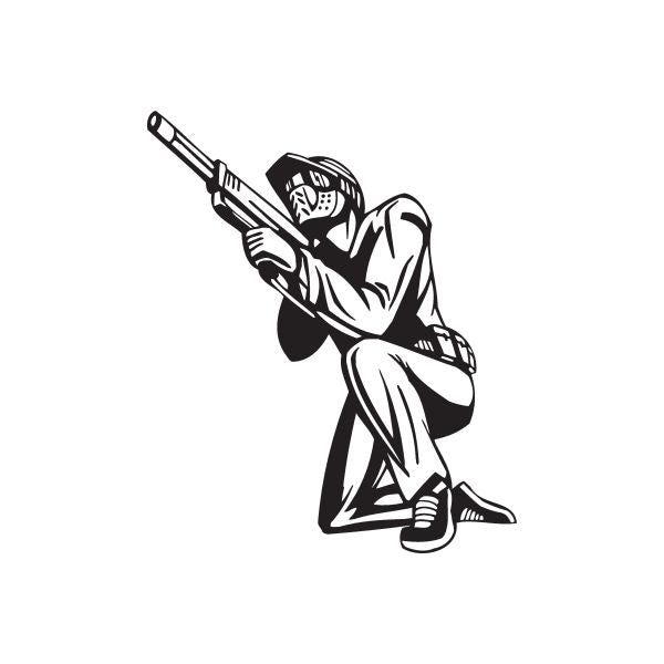 Black paintball player vinyl wall decal with paintball gun silhouette