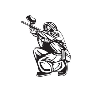 Paintball wall decal of black-and-white player holding a marker