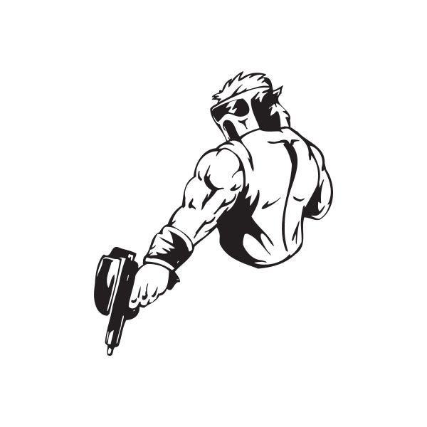 Vinyl paintball wall decal of a black-and-white player holding a paint marker
