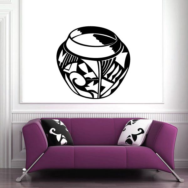 Painted clay pot wall decal with bold black-and-white circular pot design