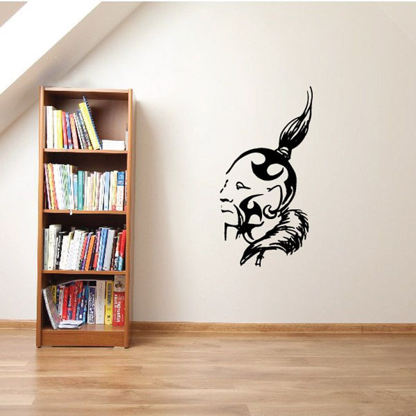 Tribal warrior face wall decal with black painted design and stylized mask profile