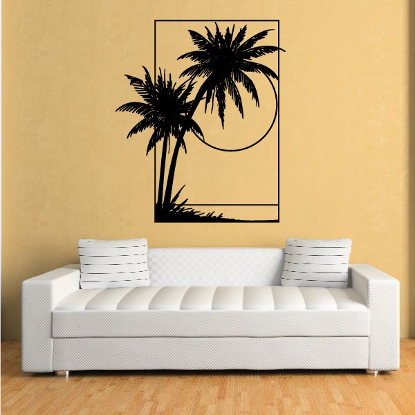 Vinyl wall decal with two black palm trees, circular sun and frame outline